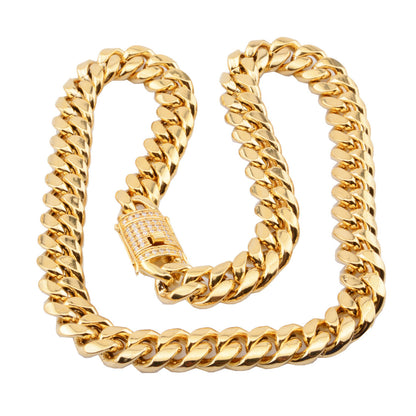 8-18mm wide stainless steel cuban Miami chains necklaces CZ Zircon box lock big heavy gold chain for men Hip Hop Rock jewelry